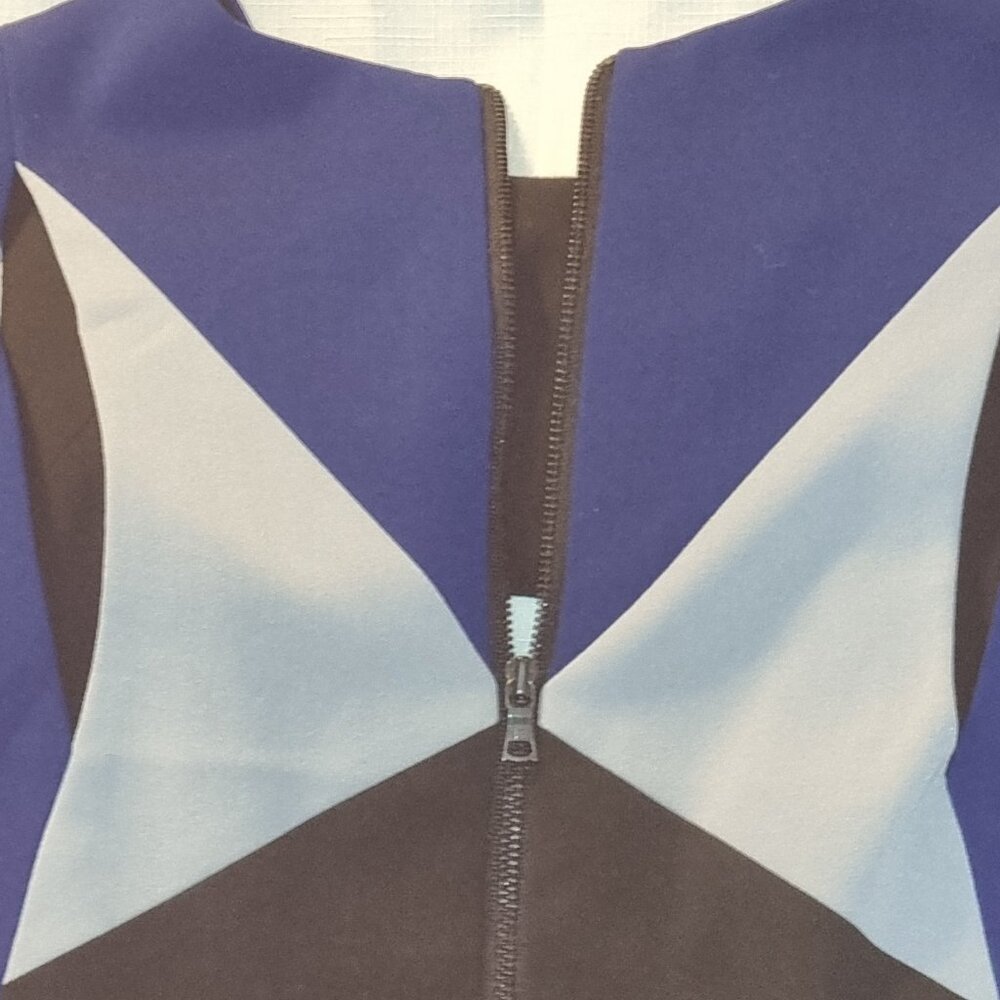 BCBG Maxazria Black mid-length dress with white and blue pattern